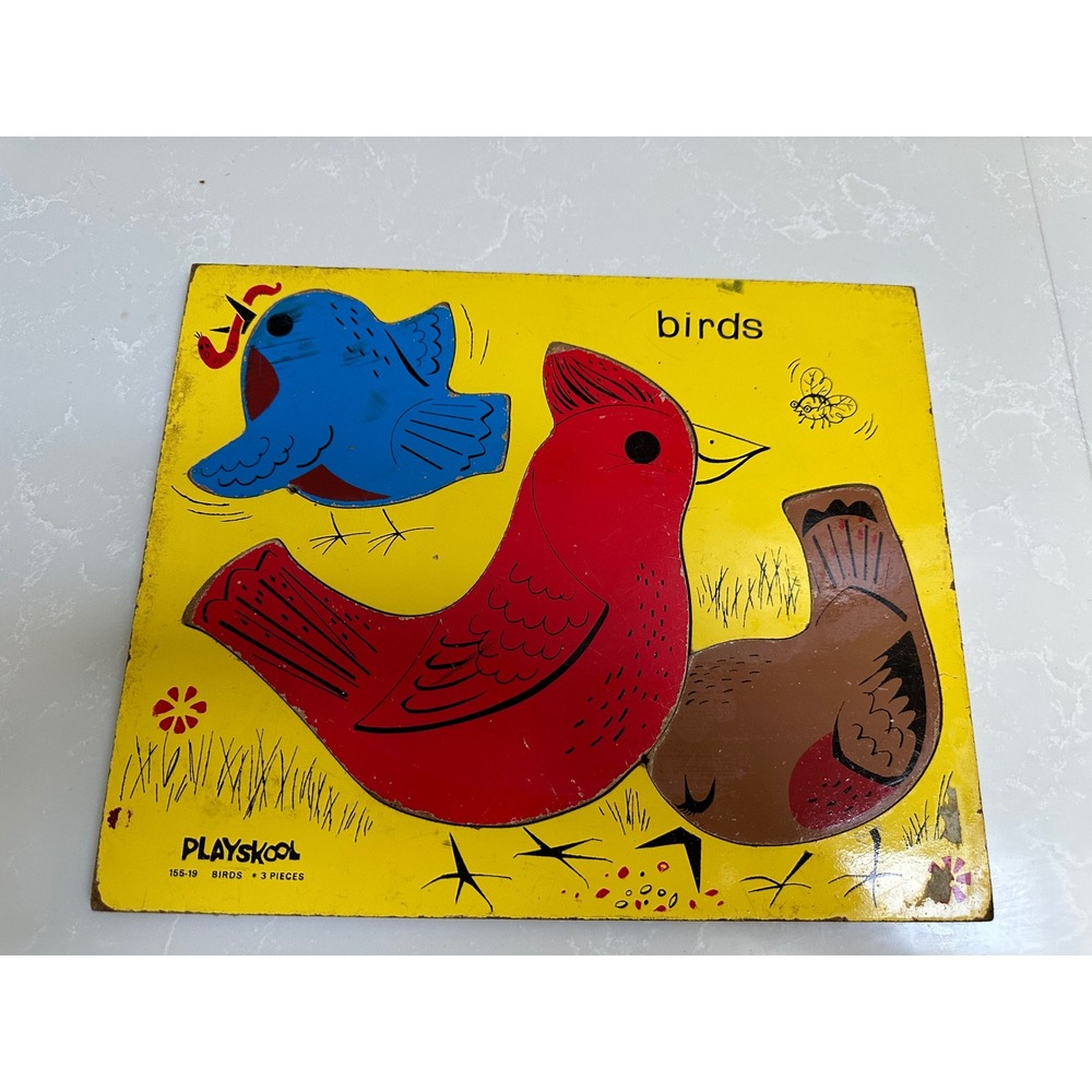 Vintage Playskool Wooden Birds Puzzle 155-19 3 Piece Retro Nursery Toy Yellow